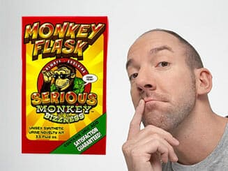 Man thinking about Monkey Flask Synthetic Urine by Serious Monkey Bizzness