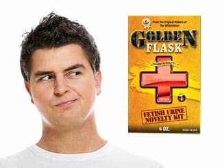man looking at the golden flask