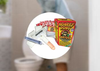 Monkey Dong product with a person peeing as background