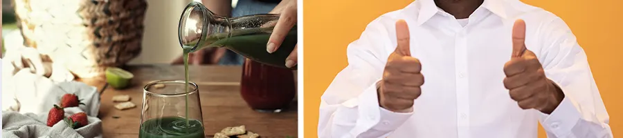 Pouring detox drink on glass and a person giving thumbs up